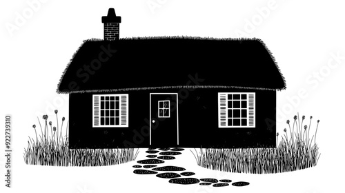 Traditional cottage with thatched roof, small windows with shutters, and cobblestone pathway leading to the door, vector illustration art