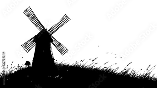 Traditional windmill situated on a grassy hill, with open skies and minimal structures nearby, vector illustration art