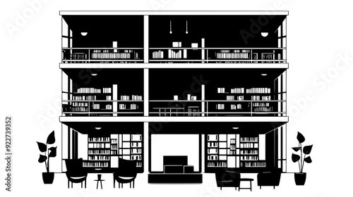 Vertical slice of a library, highlighting reading areas, bookshelves, and a central atrium, vector illustration art
