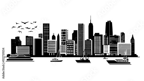 View of a waterfront city with docks, boats, and a backdrop of tall buildings, vector illustration art