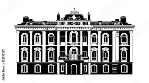 Vintage building with ornate facade details, symmetrical windows, central entrance, vector illustration art