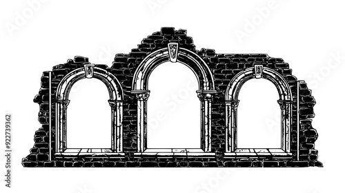Vintage stone structure with detailed carvings and arched windows, vector illustration art