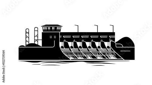 Water reservoir with a dam structure, spillway, and adjacent control buildings, vector illustration art