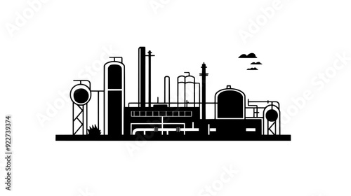 Waste treatment facility with processing tanks, filtration systems, and monitoring stations, vector illustration art