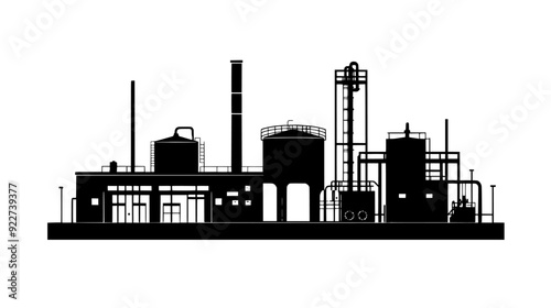 Waste treatment facility with processing tanks, filtration systems, and monitoring stations, vector illustration art
