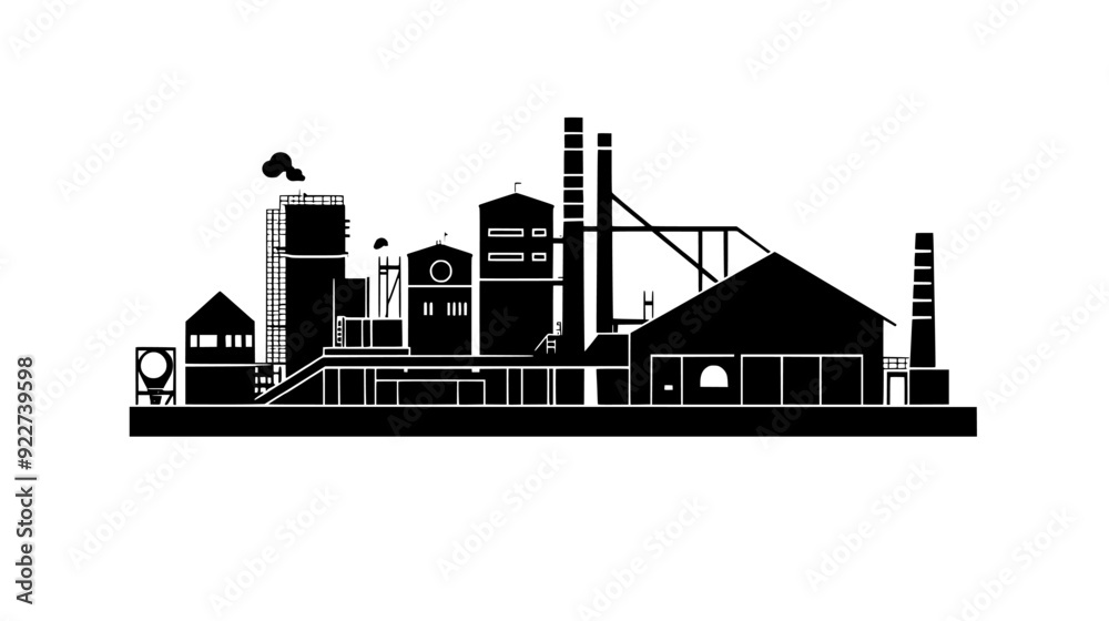 Obraz premium Expansive industrial complex with conveyor belts between manufacturing units, vector illustration art