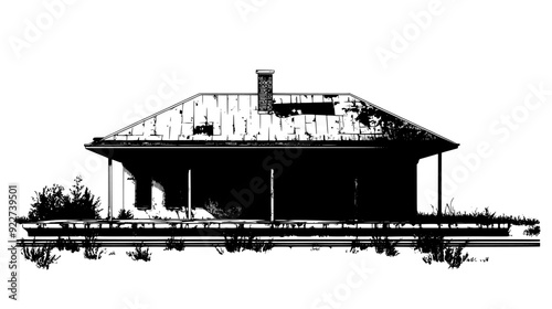 Abandoned railway station with overgrown tracks, boarded-up windows, and derelict platform, vector illustration art