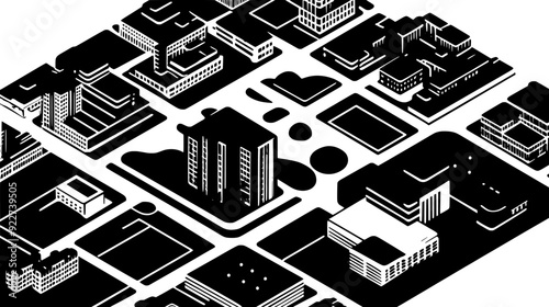 An aerial perspective of a city with grid-like streets, parks, and diverse building types, vector illustration art