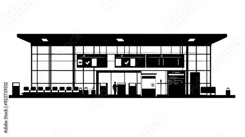 An airport terminal with gates, check-in counters, and baggage claim areas for travelers, vector illustration art