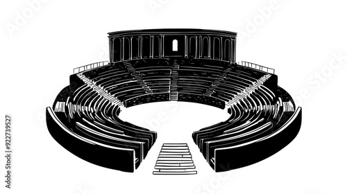 An ancient amphitheater with tiered seating and an open stage, vector illustration art