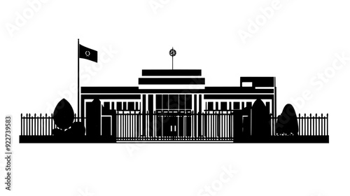 Embassy with secure perimeter and prominent national flag, vector illustration art