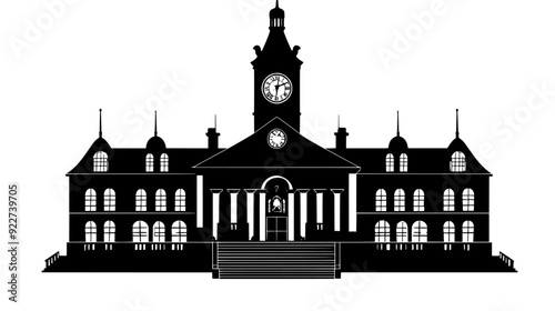 An old city hall with a clock tower and a grand staircase, vector illustration art
