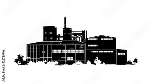 Old industrial complex with rusting machinery, broken windows, and collapsed roofs, vector illustration art