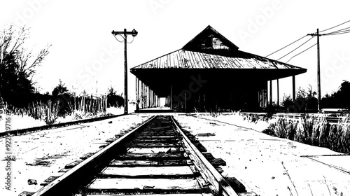 An old railway station with rusting tracks, derelict buildings, and a sense of abandonment, vector illustration art