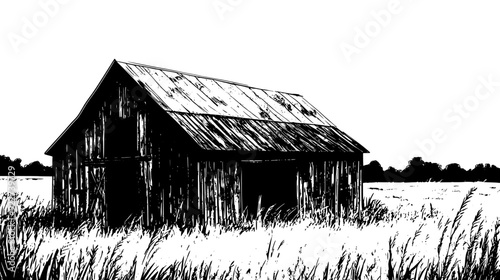 Old wooden barn with weathered siding, positioned next to a vast, open field, vector illustration art