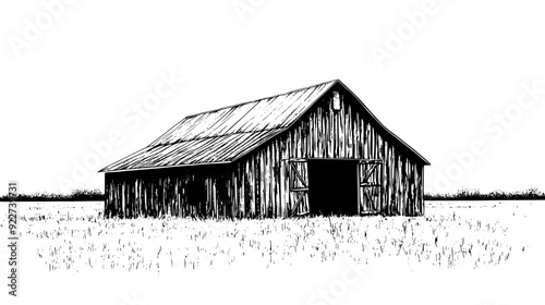 Old wooden barn with weathered siding, positioned next to a vast, open field, vector illustration art