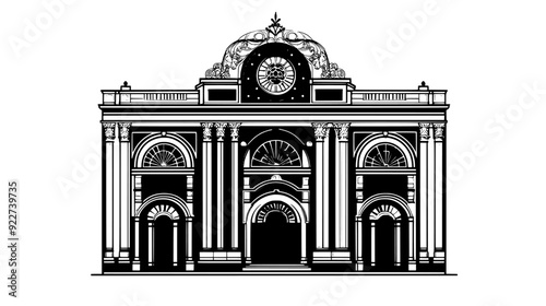 Opera house with ornate facade, tall arched windows, and large central entrance with decorative details, vector illustration art