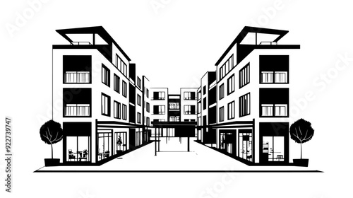 An urban development featuring a central courtyard, surrounded by retail shops and apartment buildings, vector illustration art