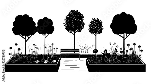An urban garden with raised flower beds, walking paths, and seating areas, vector illustration art