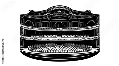 Opera house with grand stage, orchestra seating, and balconies, vector illustration art