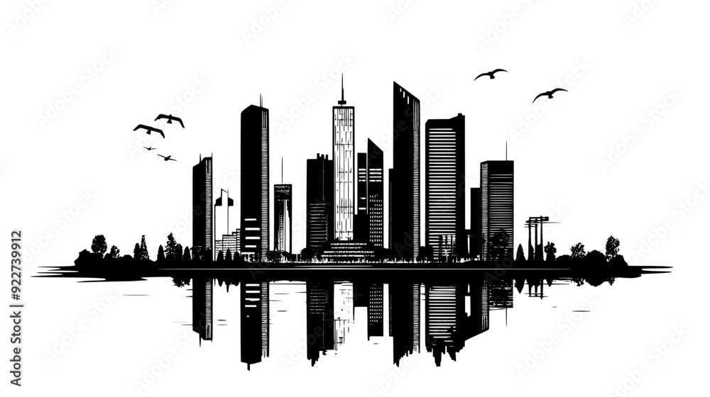 Obraz premium Modern skyscrapers dominating skyline with river running through, vector illustration art
