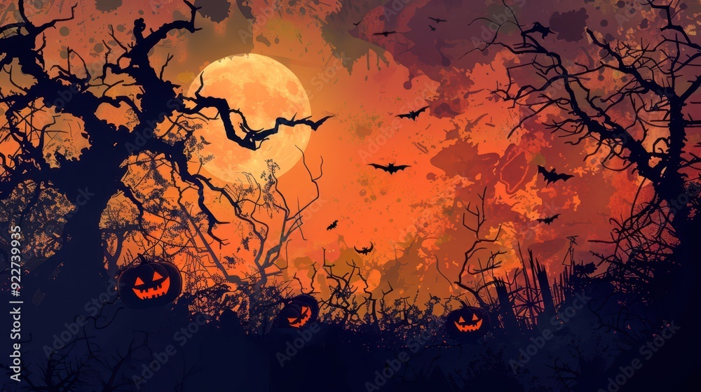Spooky Halloween night with bats and carved pumpkins under the moon Spooky Halloween night with bats and carved pumpkins under the moon