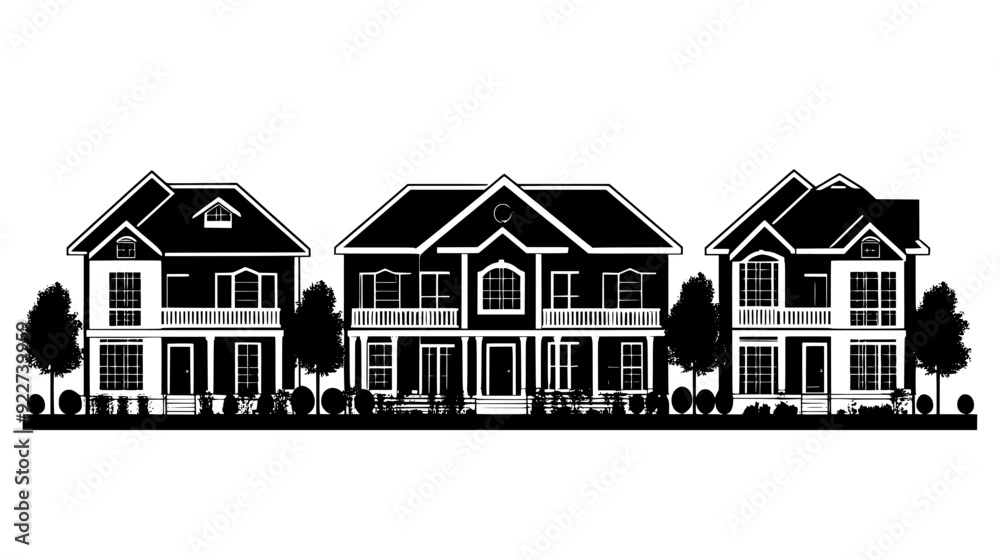 Cluster of townhouses with identical design, showcasing multiple stories and front porches, vector illustration art Cluster of townhouses with identical design, showcasing multiple stories and front porches, vector illustration art