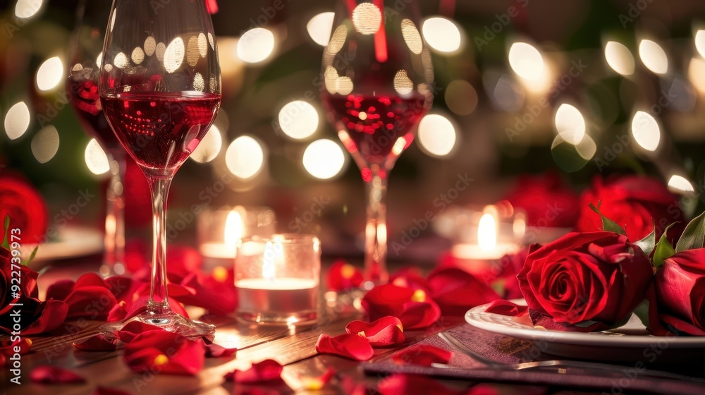 A beautifully arranged table features red roses, glasses of wine, and flickering candles, creating a warm atmosphere A beautifully arranged table features red roses, glasses of wine, and flickering candles, creating a warm atmosphere
