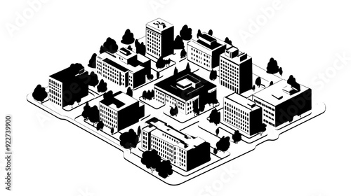 Campus layout with interconnected buildings and a central library, vector illustration art