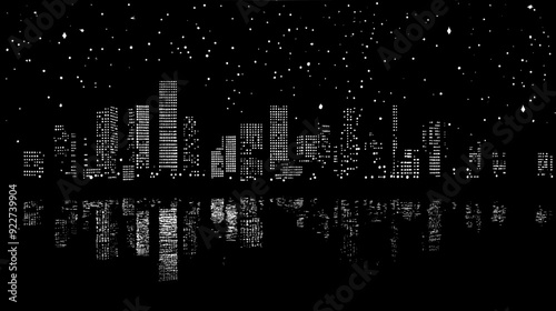 City buildings lit up at night, a body of water reflecting lights, with a clear night sky, vector illustration art