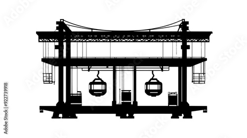 Cable car station featuring platform, cable track, control mechanisms, and a structural support frame, vector illustration art