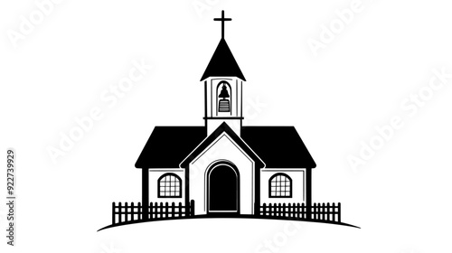 Chapel with a simple, rectangular design, pointed roof, and a single bell tower, vector illustration art