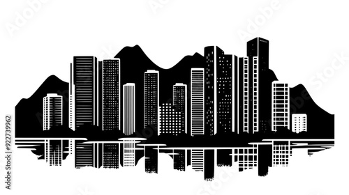 Towering high-rise buildings with mountainous landscape and water backdrop, vector illustration art