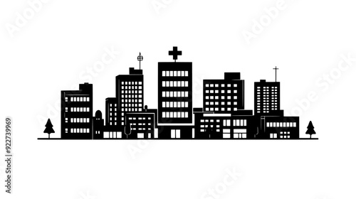 Complex with a central building surrounded by outpatient and specialty clinics, vector illustration art
