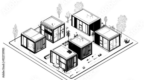 Cluster of modular pods arranged around shared central courtyards and common facilities, vector illustration art