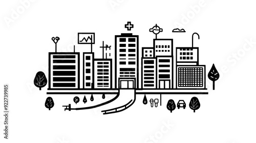 Complex with a central building surrounded by outpatient and specialty clinics, vector illustration art