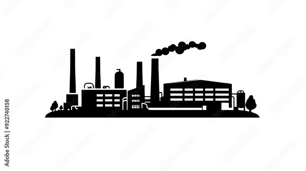 Obraz premium Factory with large smokestacks, expansive warehouse space, and numerous loading docks, vector illustration art