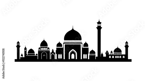 Domed mosque with a prominent minaret, situated in a city with various surrounding structures, vector illustration art