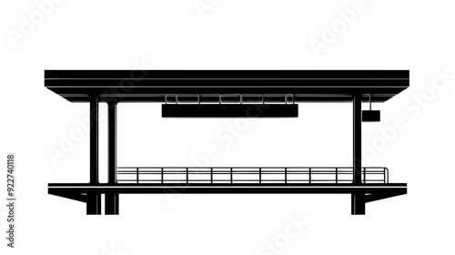 Elevated monorail station with an extended platform, rail tracks, electronic sign, and metal canopy overhead, vector illustration art