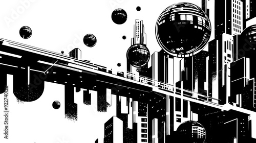 Elevated spherical structures linked by tubes and skywalks above a multi-layered urban grid, vector illustration art