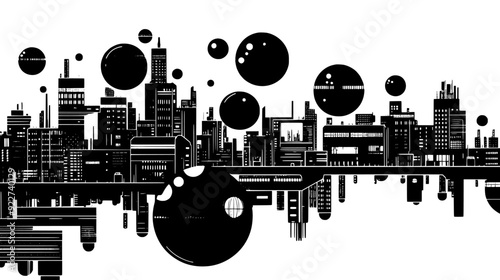 Elevated spherical structures linked by tubes and skywalks above a multi-layered urban grid, vector illustration art