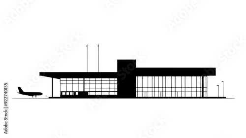 Exterior of the terminal building with large windows facing the water, vector illustration art