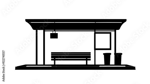 Empty tram stop with platform, signpost, tram tracks, covered seating area, and a trash bin beside, vector illustration art