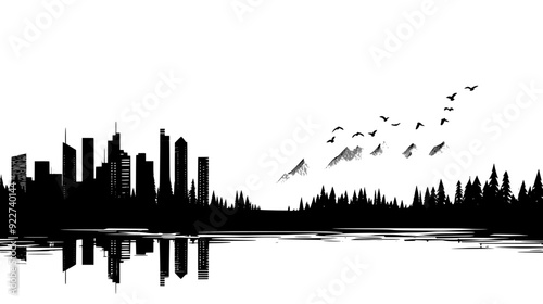 Urban panorama with structures, major river, and mountain peaks, vector illustration art
