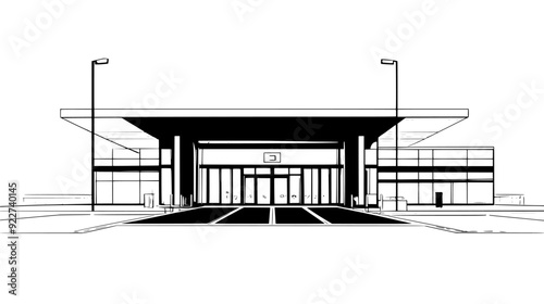 Exterior shot of the terminal entrance with automatic sliding doors and drop-off lanes, vector illustration art