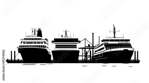 Ferries docked at multiple piers within the ferry terminal, vector illustration art
