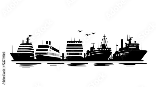 Ferries docked at multiple piers within the ferry terminal, vector illustration art