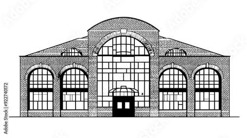 Former industrial building repurposed with original brickwork and large, arched entryways preserved, vector illustration art