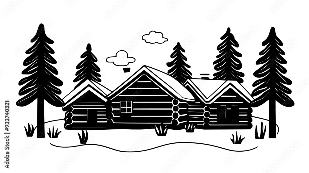 Log cabins arranged around a central open space, illustrating traditional construction practices, vector illustration art