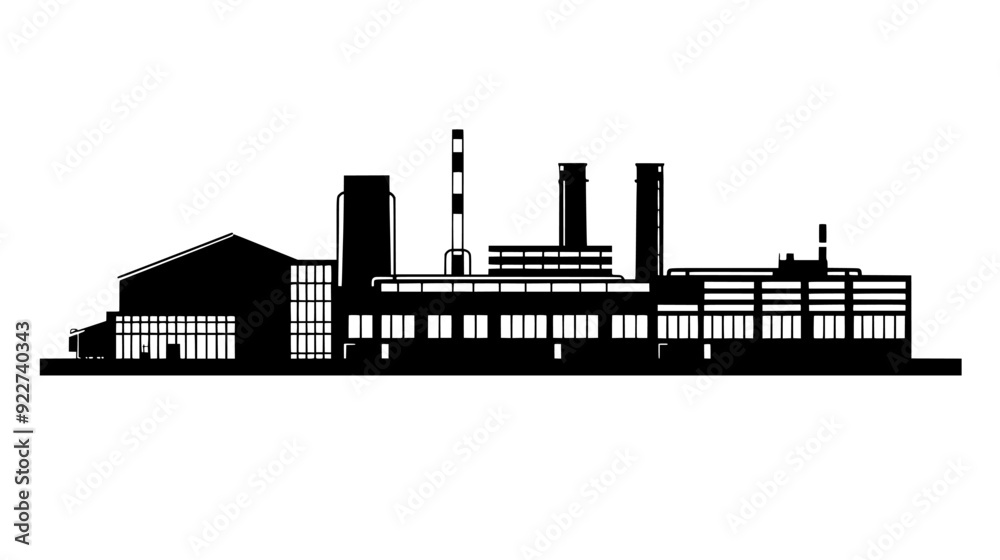 Obraz premium Manufacturing plant with assembly lines visible through large windows and a series of auxiliary buildings, vector illustration art